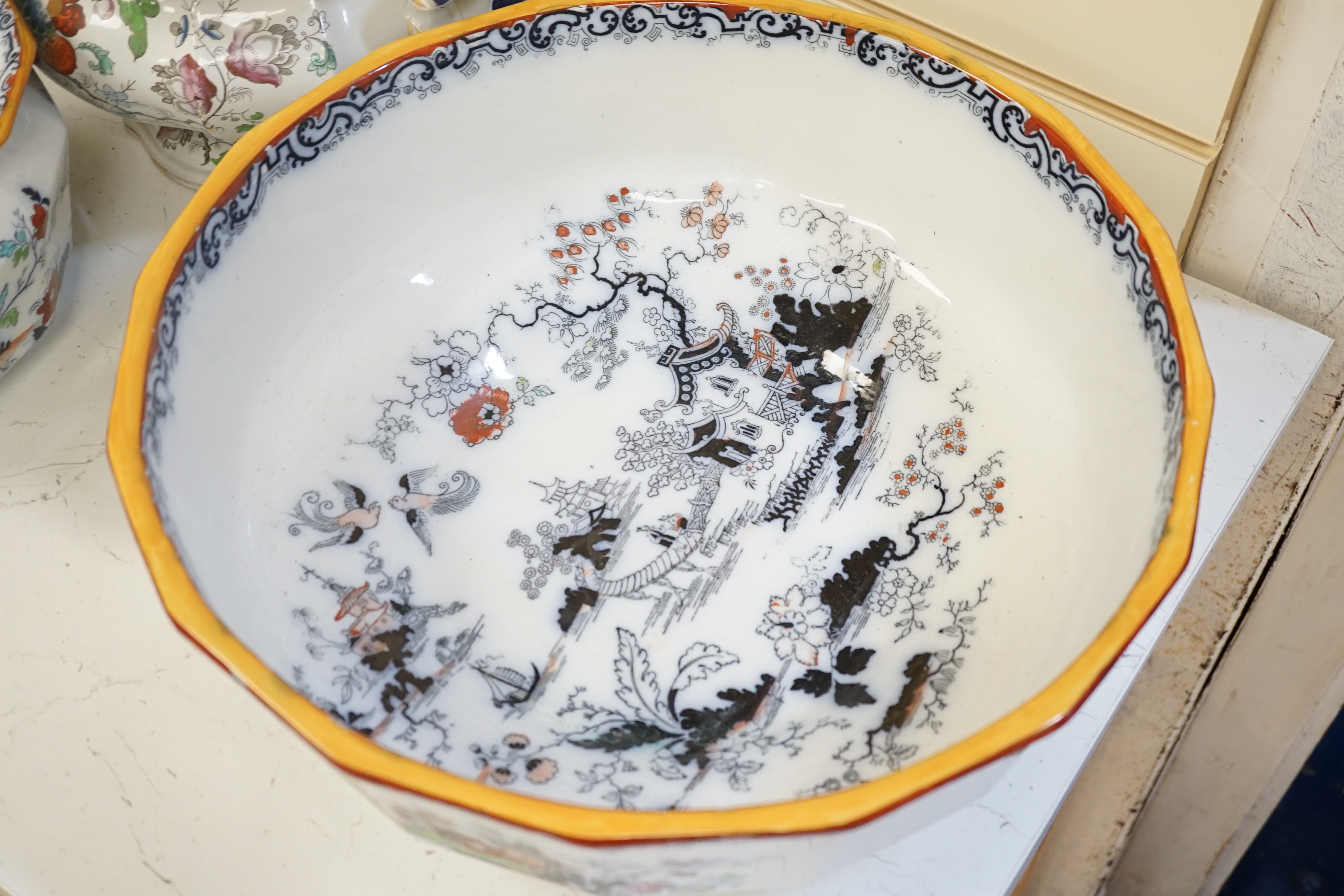 Victorian Masons Ironstone landscape pattern items to include a cheese dish, two chamber pots, Are you are and basin and other various roles or dishes